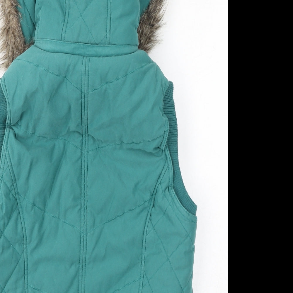Per Una Womens Green Gilet Coat Size M Zip - Faux Fur Hood, Fleece lined, Quilted