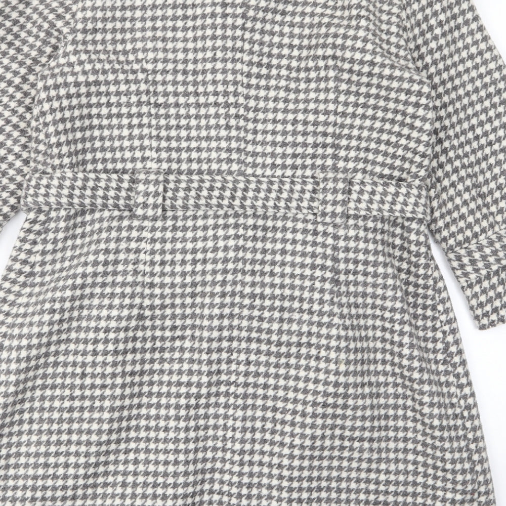 Edina Ronay Womens Grey Geometric Overcoat Coat Size 12 Button - Belt, Pockets, Houndstooth Pattern