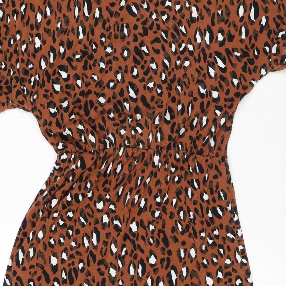Warehouse Womens Brown Animal Print Viscose T-Shirt Dress Size 8 Round Neck Pullover - Leopard Print, Tie