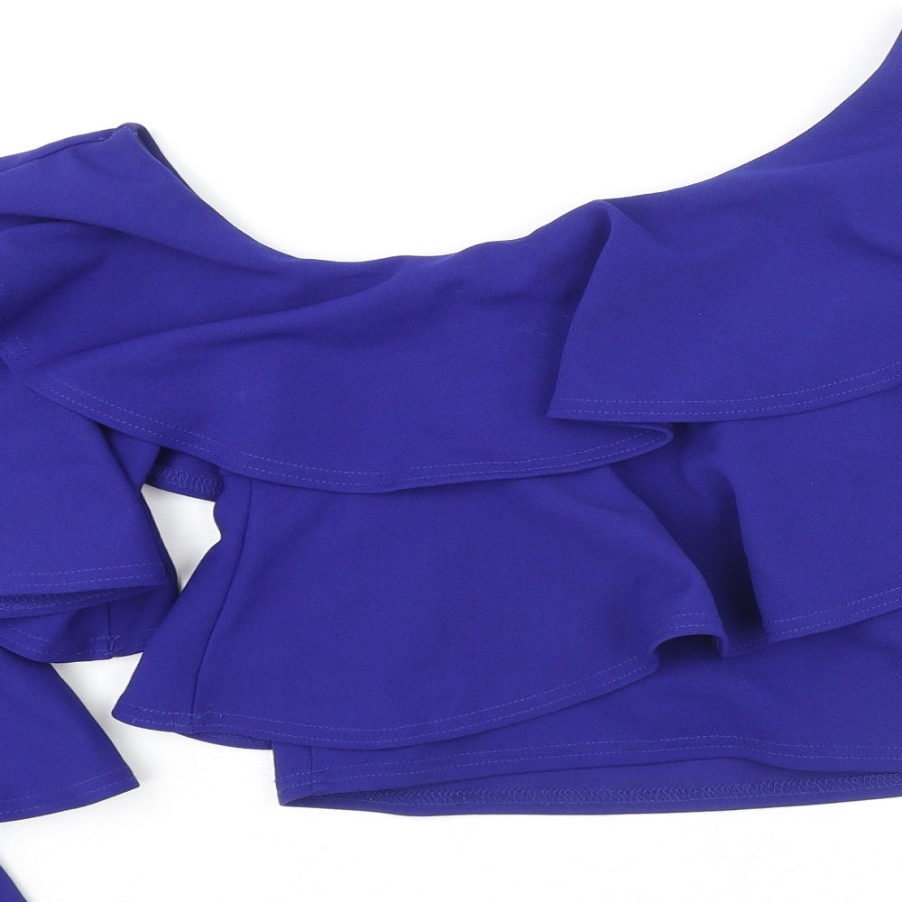 River Island Womens Blue Polyester Cropped Blouse Size 8 One Shoulder - Layered Frill