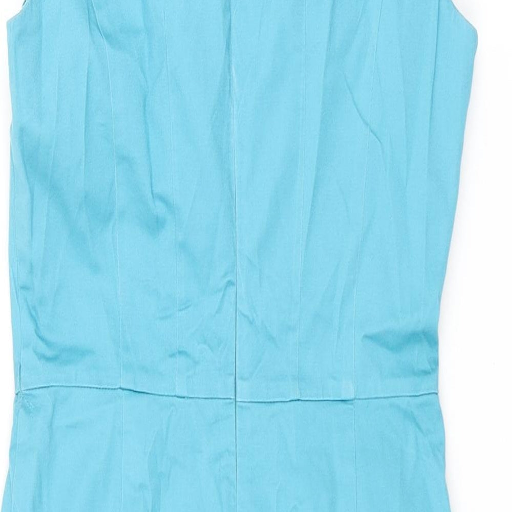 Warehouse Womens Blue Cotton Pencil Dress Size 10 Scoop Neck Zip - Rouched