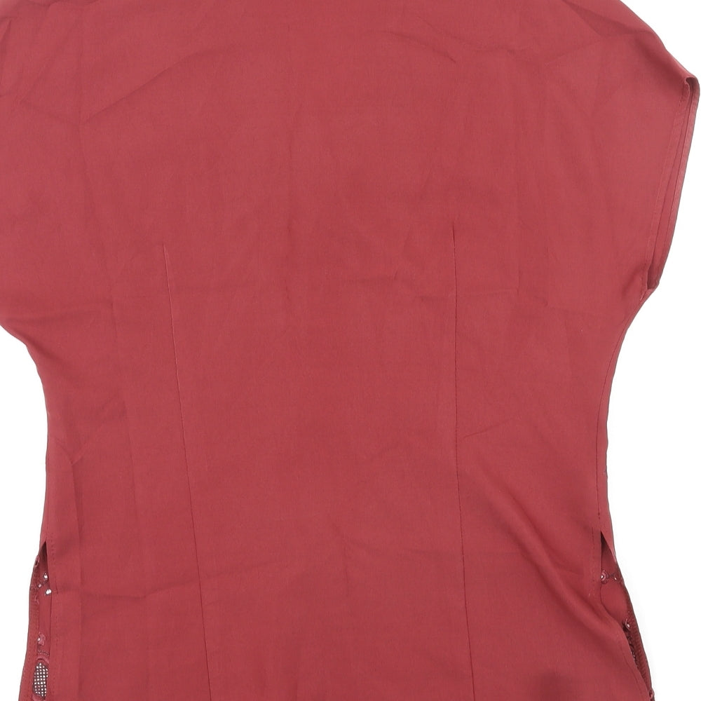 BHS Womens Red Viscose Basic Button-Up Size 14 V-Neck - Embroidered Design by Hem