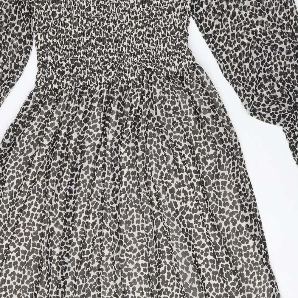 H&M Womens Black Animal Print Polyester Fit & Flare Size 6 Round Neck Zip - Leopard Print