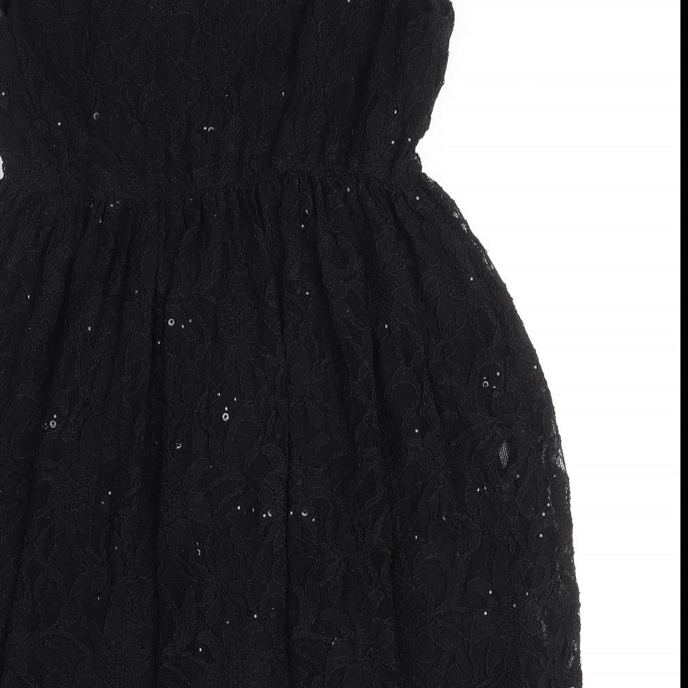 Dorothy Perkins Womens Black Nylon A-Line Size 14 Round Neck Pullover - Elasticated Waist Sequin Detail
