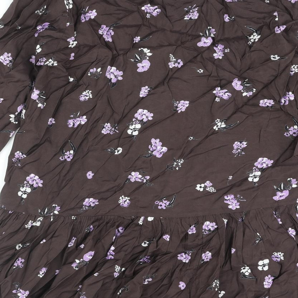 Kaffe Womens Brown Floral Viscose A-Line Size 14 V-Neck Button - Frill