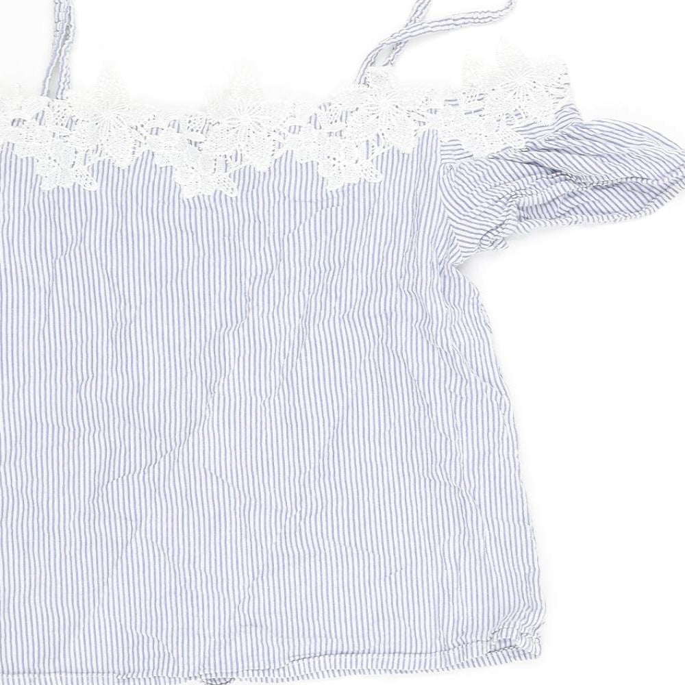 New Look Womens Blue Striped Cotton Basic Blouse Size 8 Off the Shoulder - Strap Lace Trim