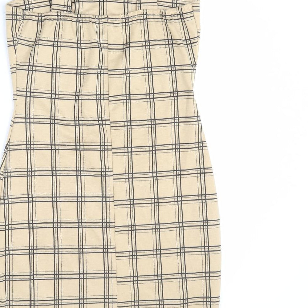 Select Womens Beige Plaid Polyester Bodycon Size 8 Square Neck Pullover