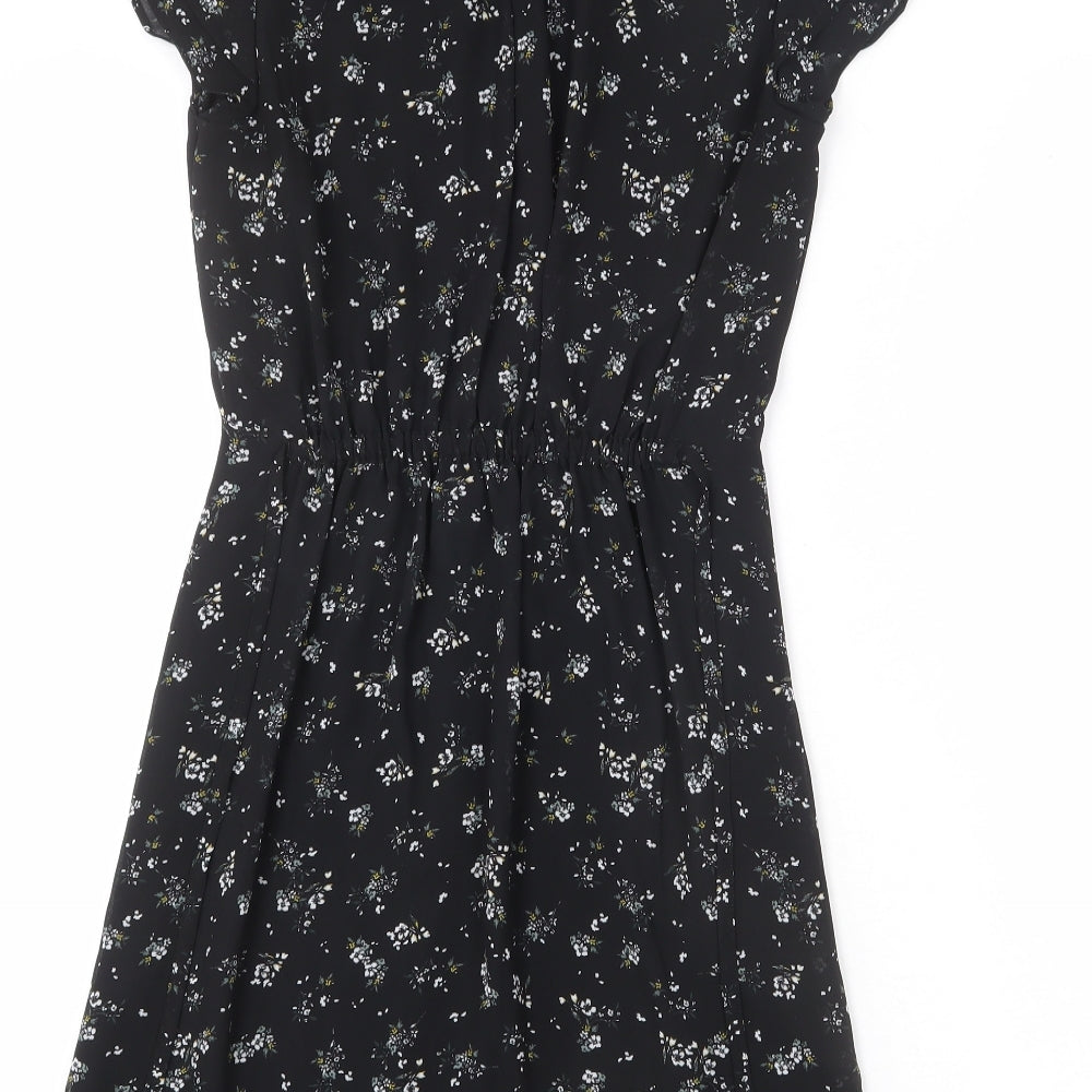 H&M Womens Black Floral Polyester A-Line Size 4 V-Neck Pullover - Tie Detail