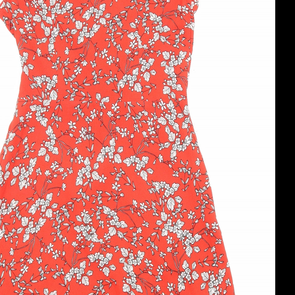 Stella Womens Red Floral Polyester Fit & Flare Size 8 V-Neck Pullover - Ruffle detail