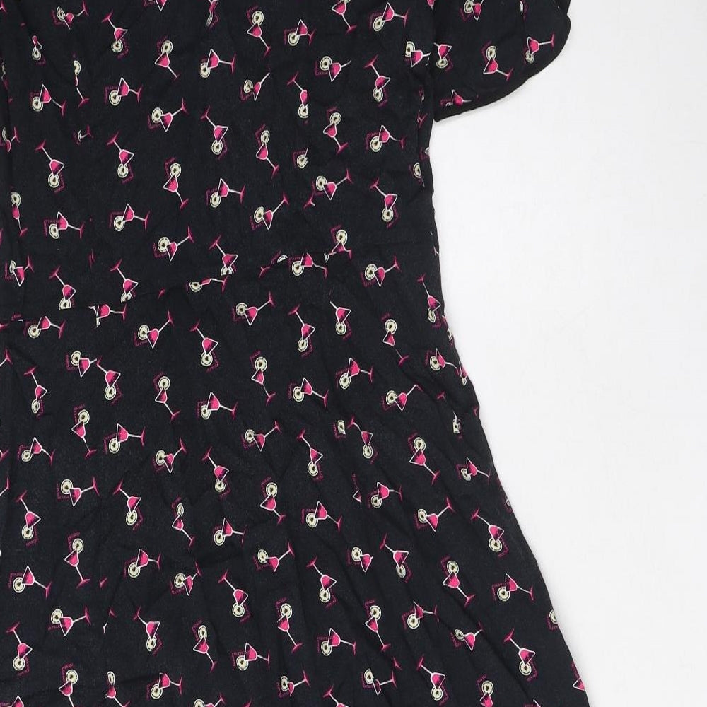 Marks & Spencer Womens Black Geometric Viscose A-Line Size 8 Boat Neck Zip - Cocktail Print