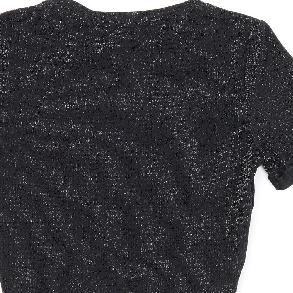 Urban Revivo Womens Black Polyamide Cropped T-Shirt Size 8 Round Neck - Glitter Detail