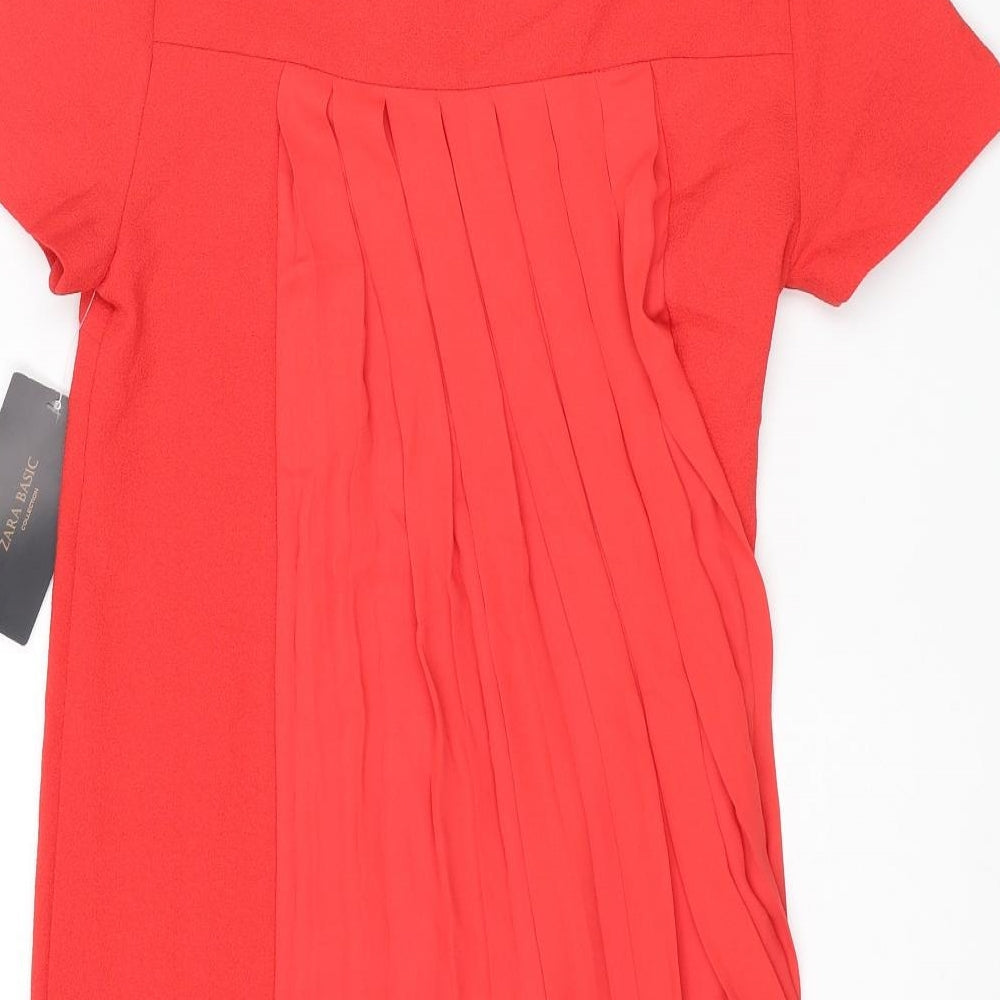 Zara Womens Red Polyester Shift Size XS Round Neck Zip - Pleated