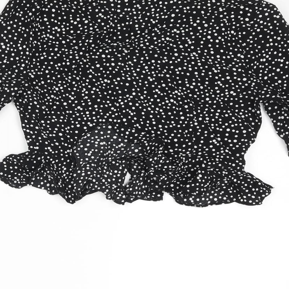 River Island Womens Black Polka Dot Viscose Cropped Blouse Size 8 V-Neck - Frill