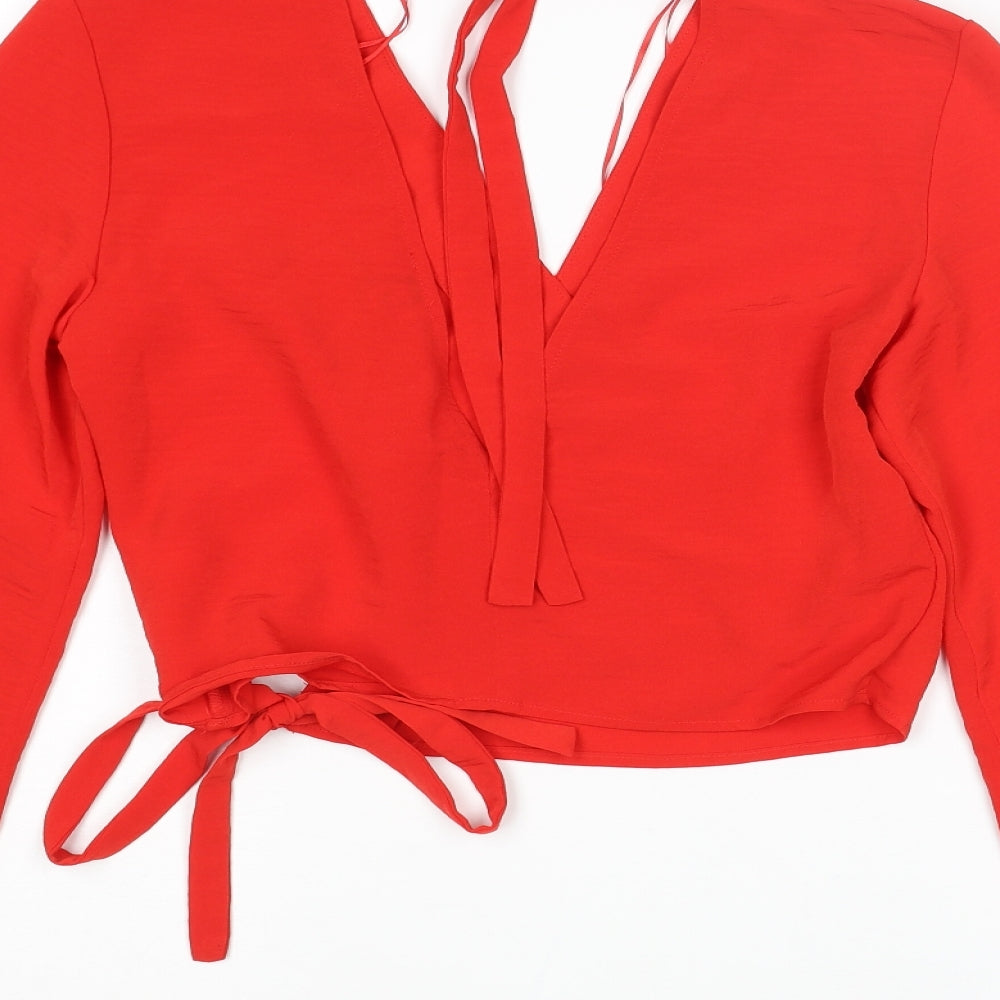 River Island Womens Red Polyester Basic Blouse Size 8 V-Neck - Bow