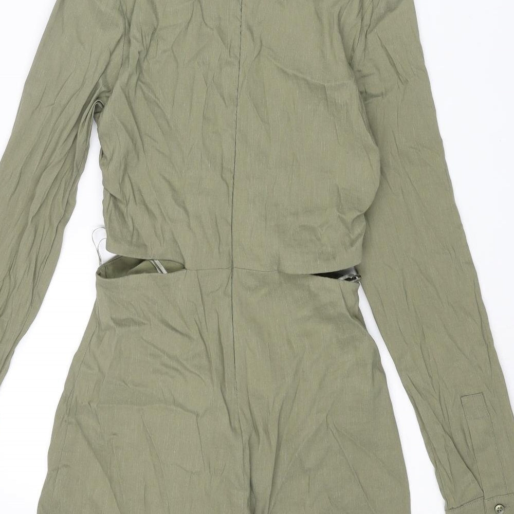 Zara Womens Green Linen Bodycon Size S V-Neck Zip - Cut Out Rouched