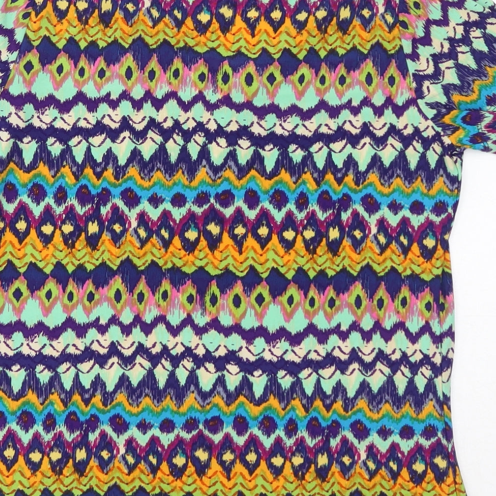 Nina Leonard Womens Multicoloured Geometric Polyester Basic T-Shirt Size L V-Neck