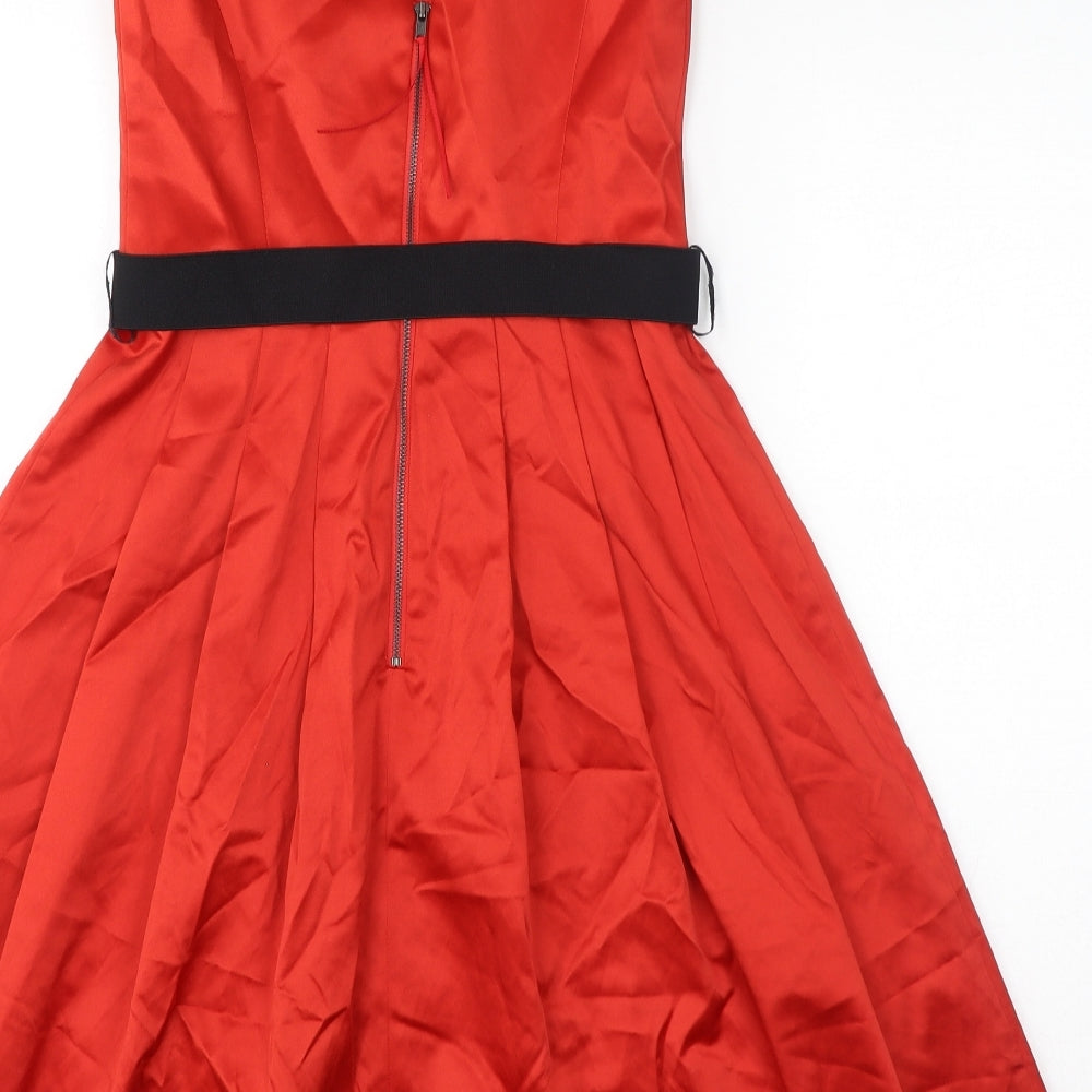 Debut Womens Red Cotton A-Line Size 8 V-Neck Zip - Belted
