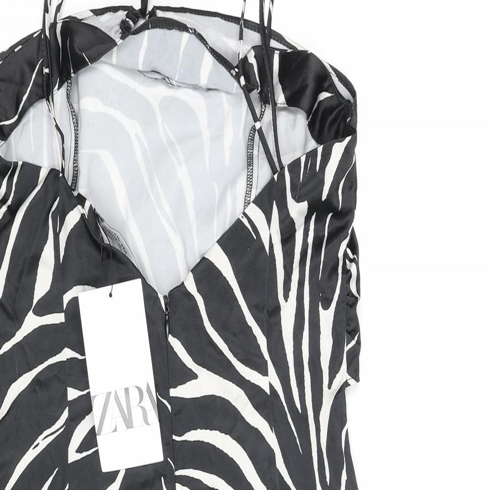 Zara Womens Black Animal Print Polyester Slip Dress Size M Sweetheart Zip - Keyhole Front Zebra Print