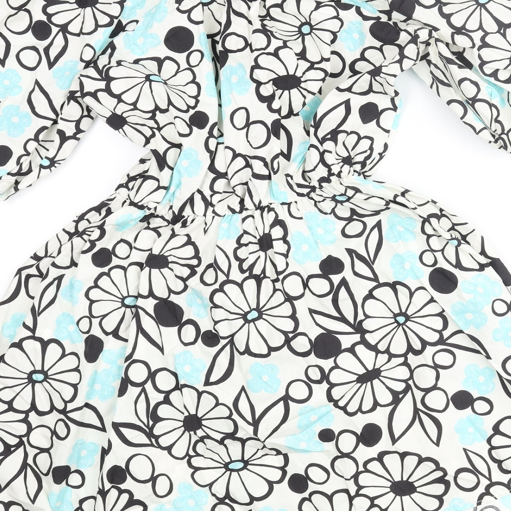 Zara Womens Ivory Floral Cotton Wrap Dress Size XS V-Neck Tie - Rouched