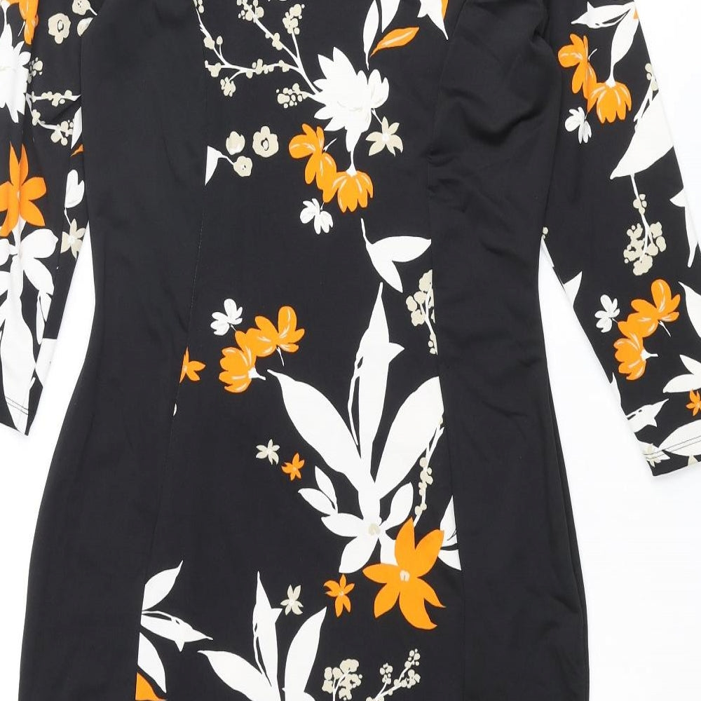 Marks and Womens Black Polyester Bodycon Size 10 Boat Neck Pullover - Floral Print