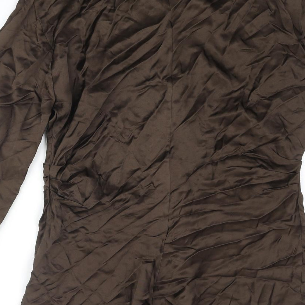 Zara Womens Brown Viscose Basic Button-Up Size L Collared - Keyhole Rouched