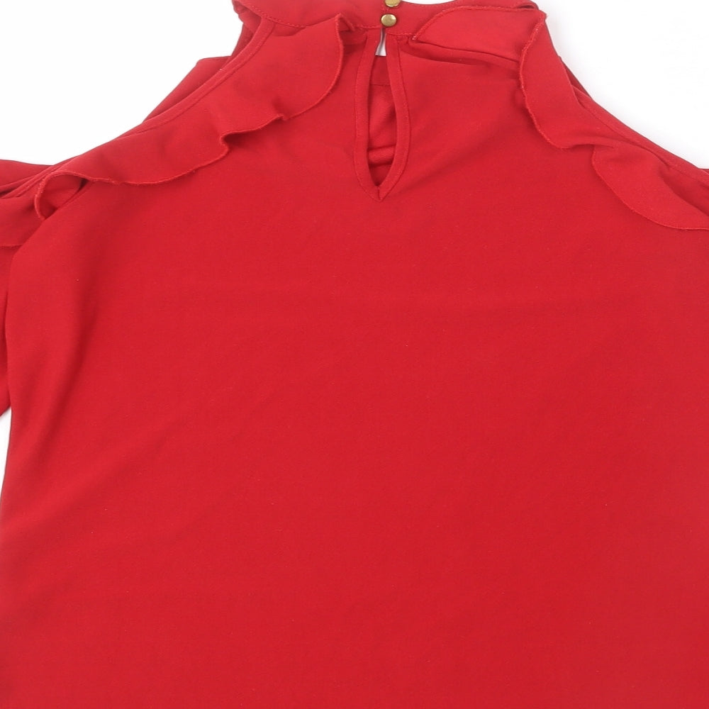 Forever Glam Womens Red Polyester Basic Blouse Size M Round Neck - Ruffle Detail