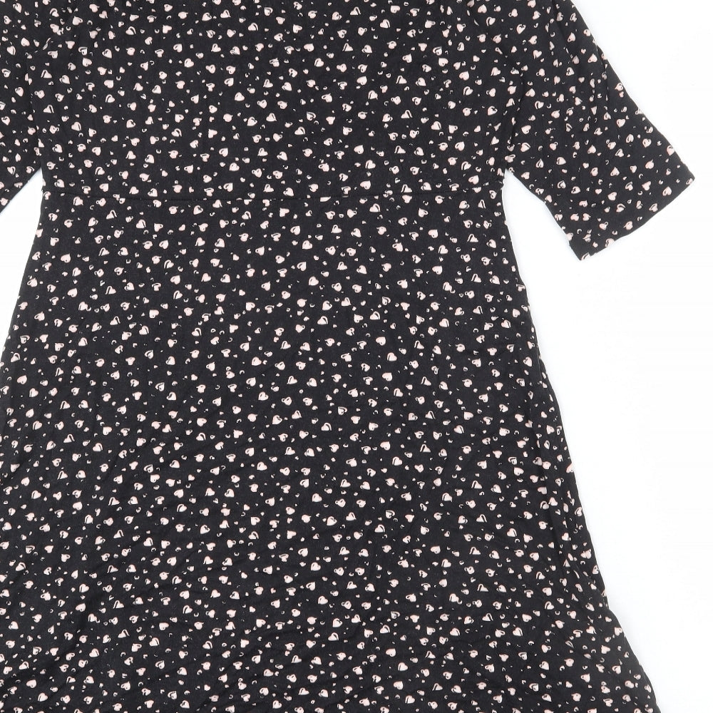 Principles Womens Black Geometric Viscose A-Line Size 14 V-Neck Pullover - Heart Print