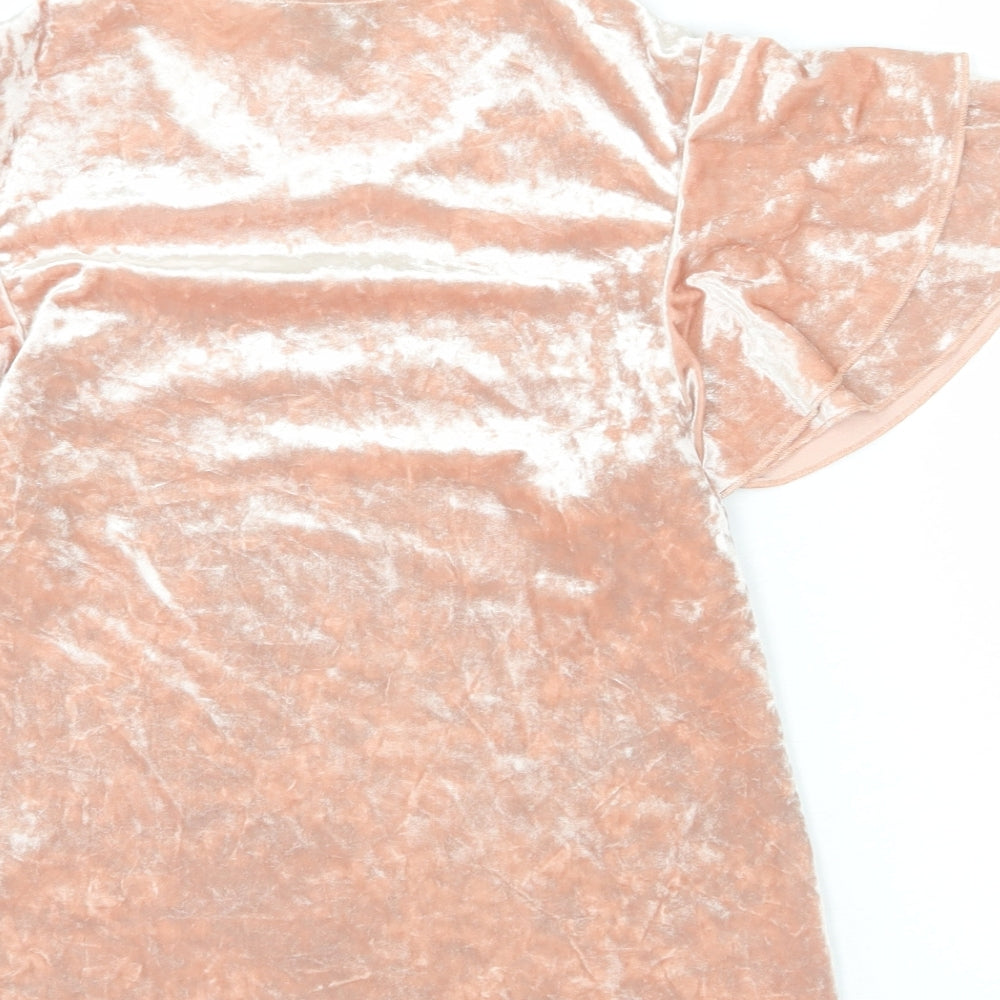 New Look Womens Pink Polyester Basic T-Shirt Size 10 Round Neck - Ruffle Sleeve