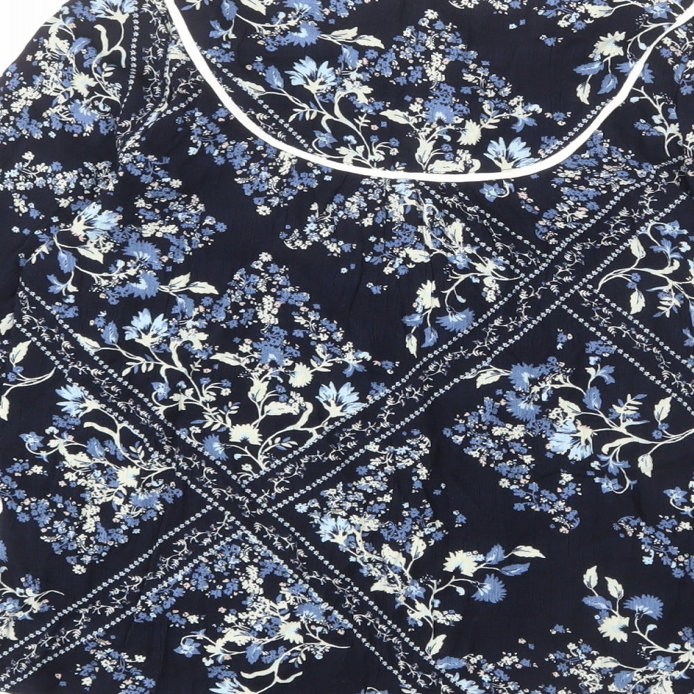 Marks & Spencer Womens Blue Floral Viscose Basic Blouse Size 10 Round Neck - Keyhole Cut Out