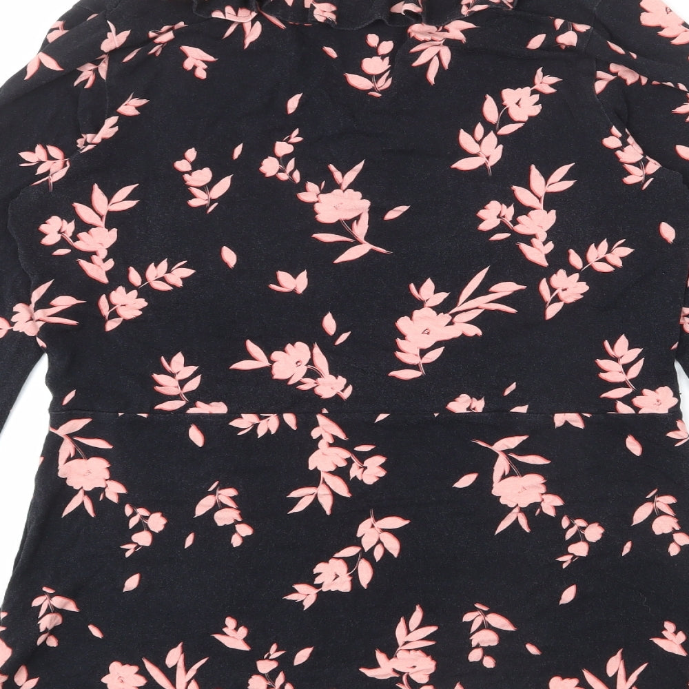 Sonsandar Womens Black Floral Viscose Basic T-Shirt Size 16 V-Neck - Ruffle Detail