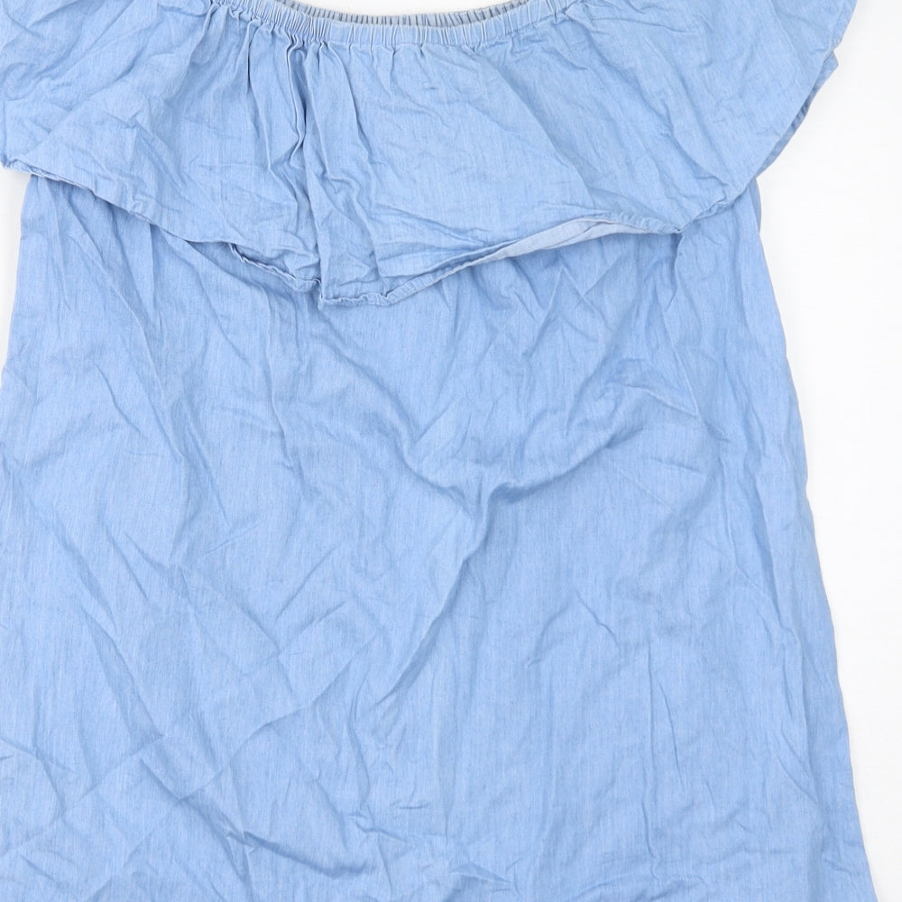 IVIVi Womens Blue 100% Cotton Basic Blouse Size S Round Neck - Size S/M, Floral Embroidery