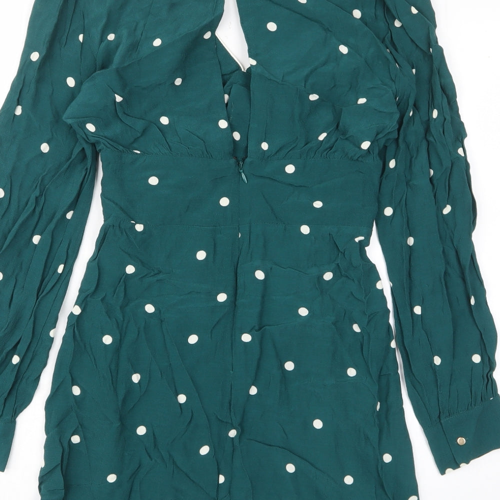 Topshop Womens Green Polka Dot Viscose A-Line Size 10 V-Neck Zip - Pleated, Open back