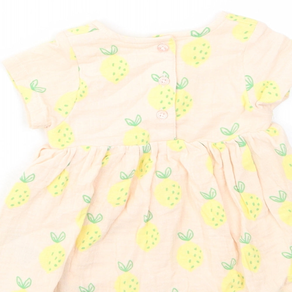 Marks & Spencer Girls Beige Geometric Cotton A-Line Size 0-3 Months Crew Neck Button - Lemon Print