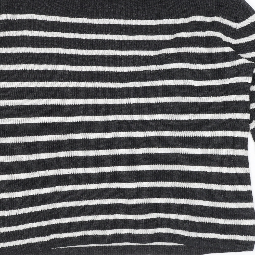 H&M Womens Grey Square Neck Striped Cotton Pullover Jumper Size M