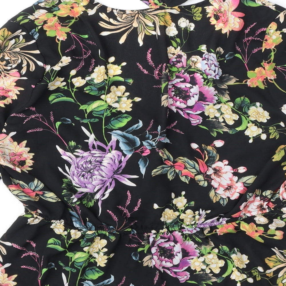 Very Womens Black Floral Polyester Wrap Blouse Size 16 V-Neck - Neck Choker Detail