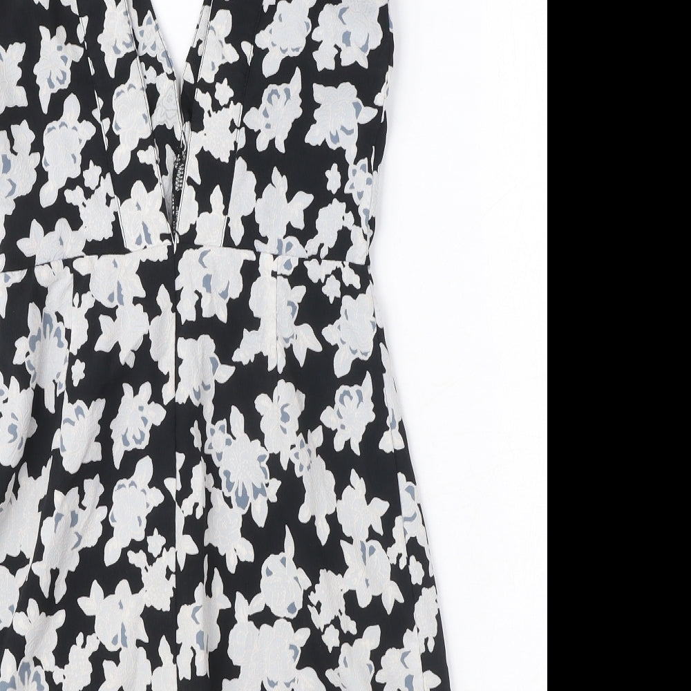 Missguided Womens Black Floral Polyester A-Line Size 8 V-Neck Zip - Cut Out Detail