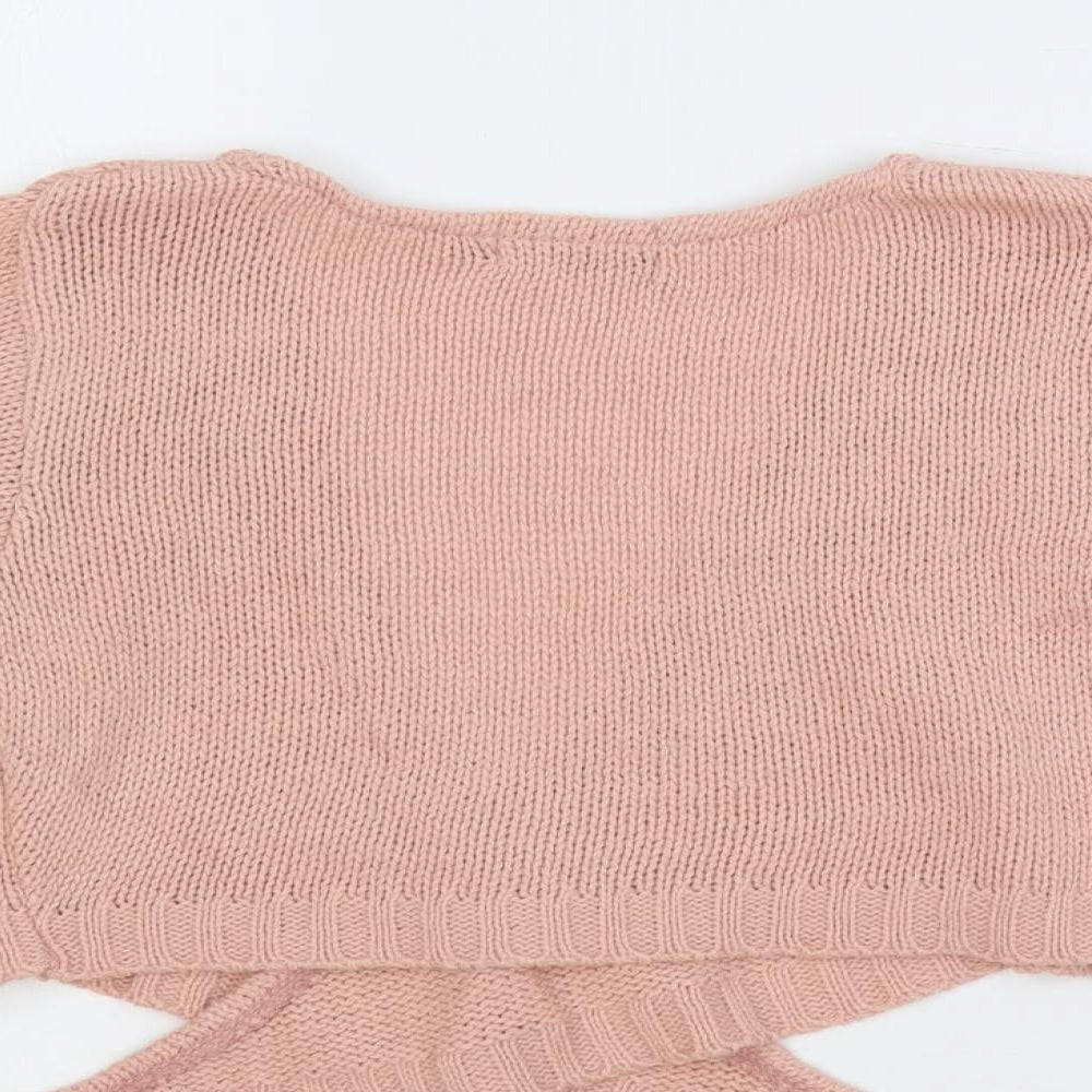 PRETTYLITTLETHING Womens Pink V-Neck Acrylic Shrug Jumper Size S - Tie Front