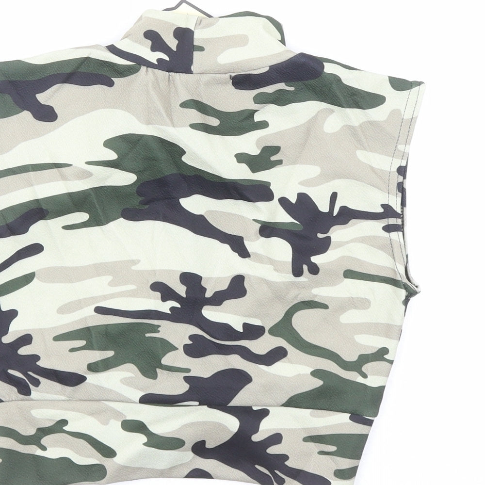 Instyle Womens Green Camouflage Polyester Cropped Blouse Size 8 Mock Neck