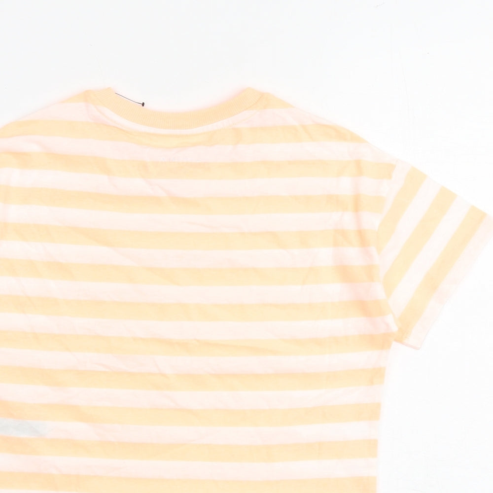 Marks & Spencer Girls Orange Striped Cotton Basic T-Shirt Size 7-8 Years Round Neck Pullover