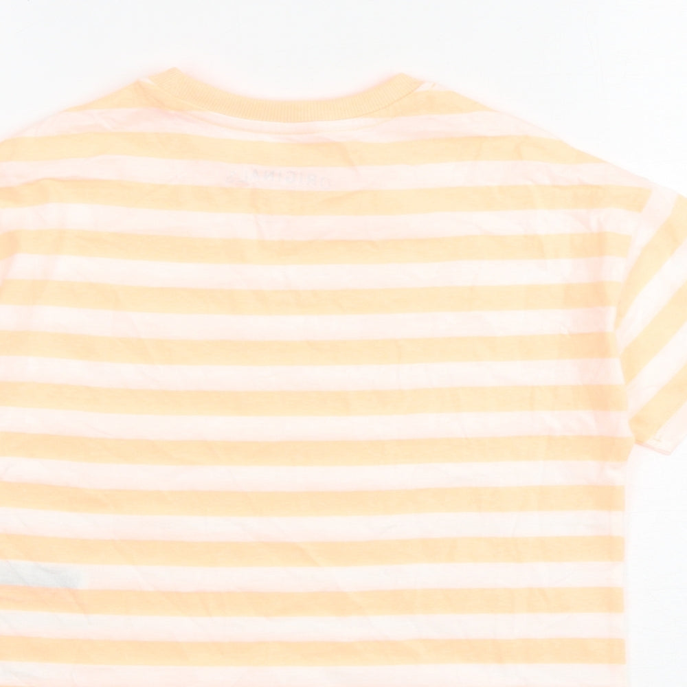 Marks & Spencer Girls Orange Striped Cotton Basic T-Shirt Size 7-8 Years Round Neck Pullover