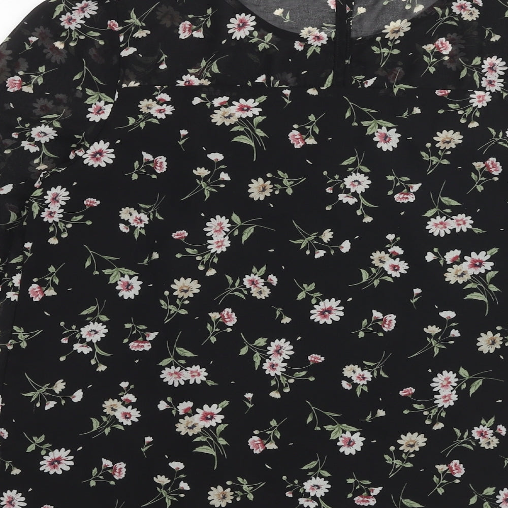 Allegra K Womens Black Floral Polyester Basic Blouse Size S Round Neck