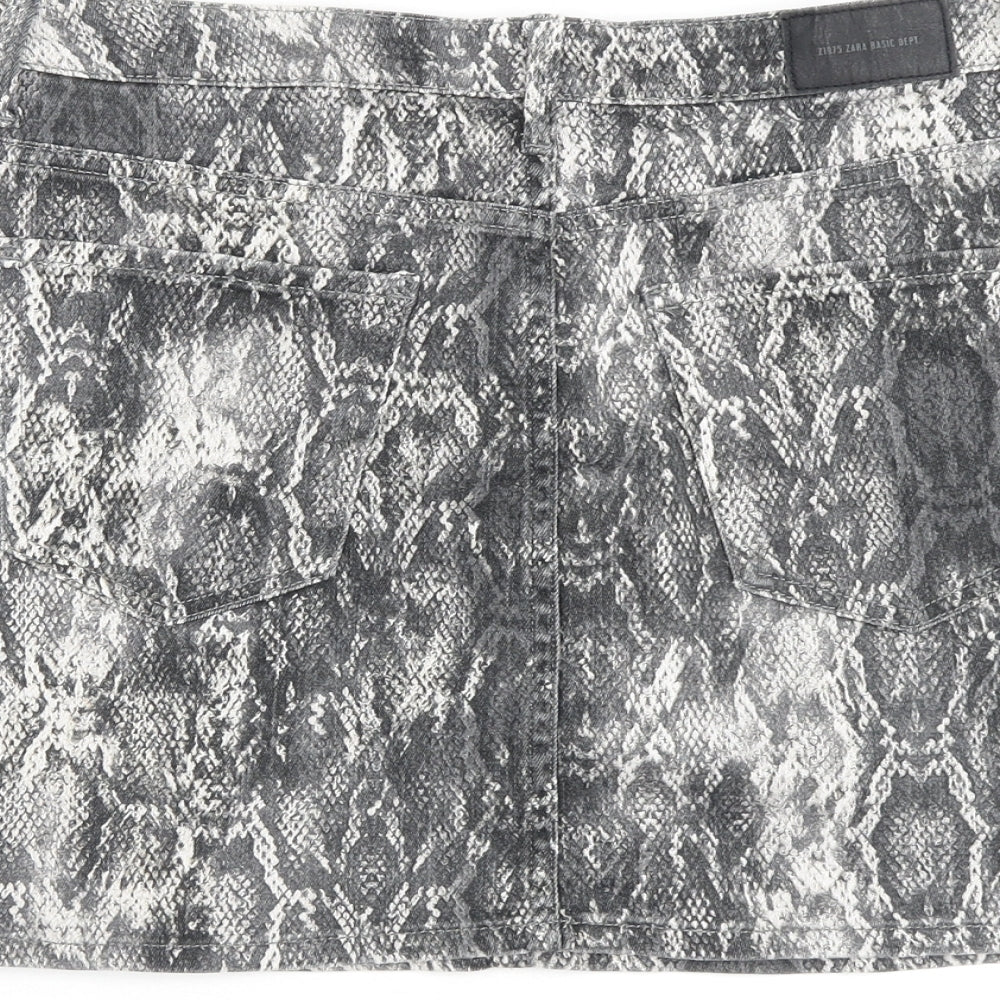 Zara Womens Grey Animal Print Cotton A-Line Skirt Size M Zip