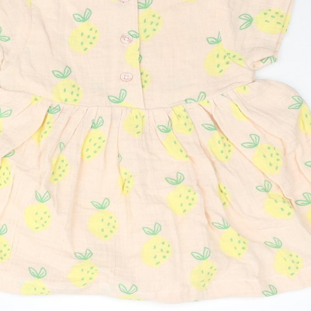 Marks & Spencer Girls Pink Geometric Cotton A-Line Size 3-6 Months Round Neck Button - Pinapple
