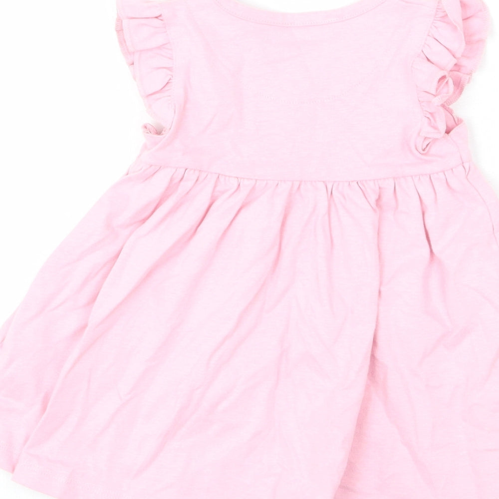 Marks & Spencer Girls Pink 100% Cotton A-Line Size 3-6 Months Round Neck Snap - Ruffle Detail, Happy, Flower