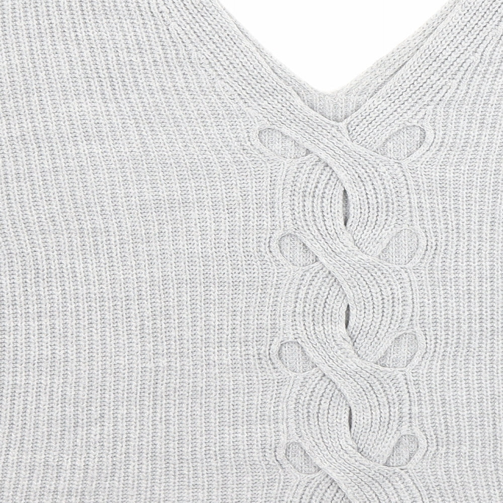 Miss Selfridge Womens Grey V-Neck Acrylic Pullover Jumper Size 8