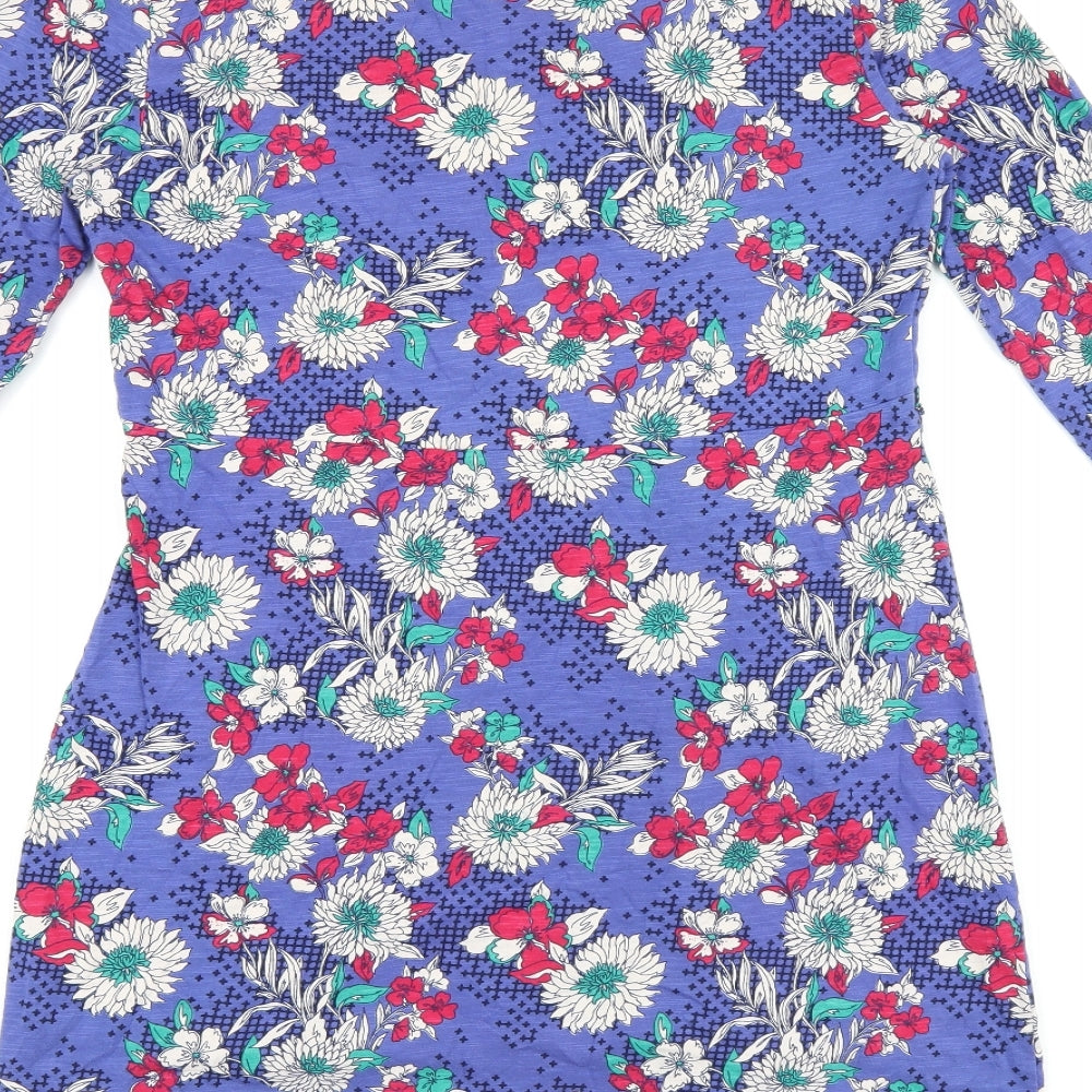 Marks & Spencer Womens Blue Floral Cotton Basic T-Shirt Size 10 V-Neck