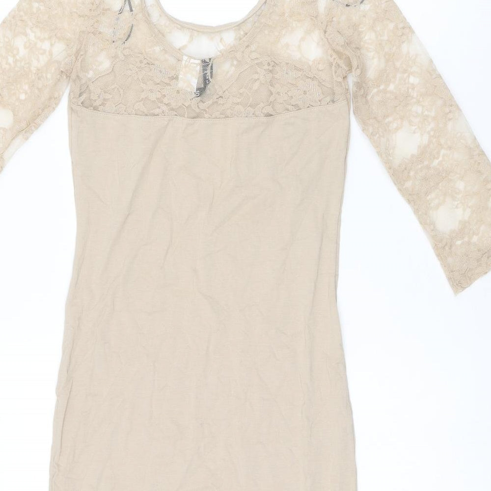 H&M Womens Beige Polyamide Bodycon Size 8 Boat Neck Pullover - Lace Sleeves and Neckline