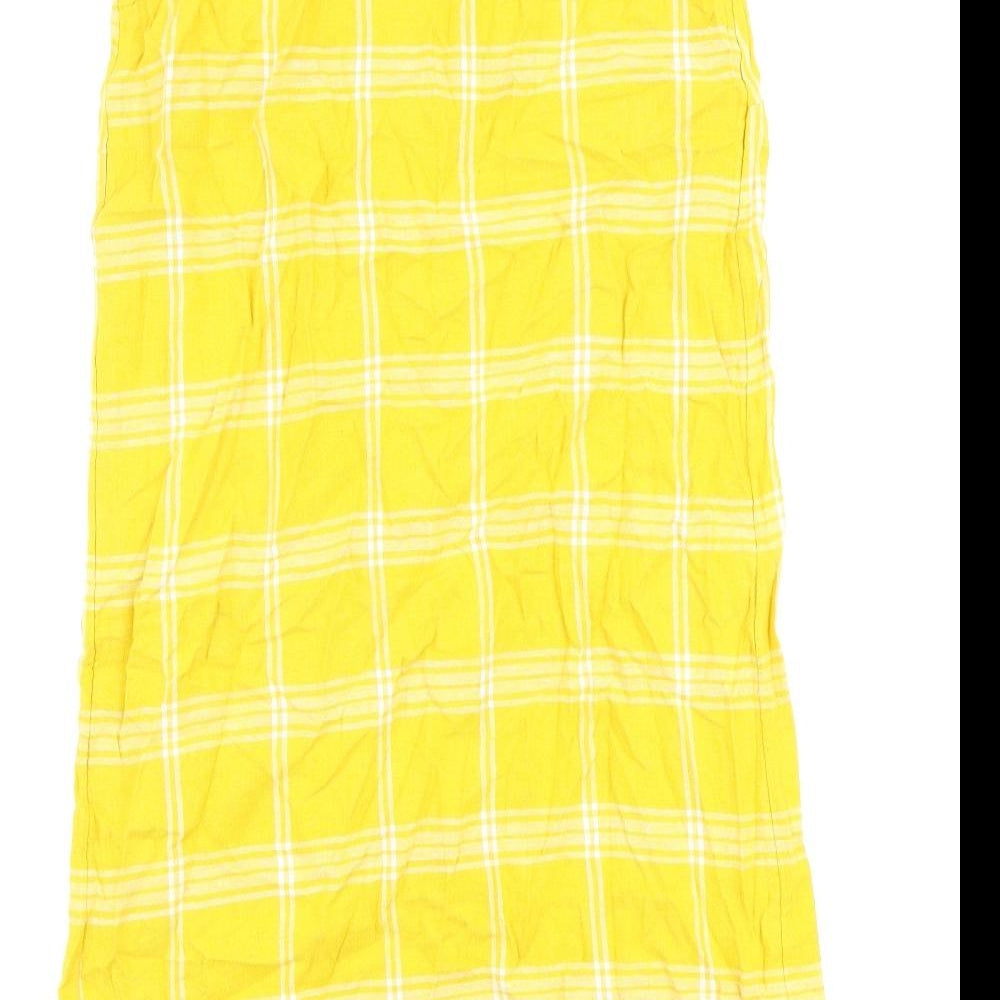 Marks & Spencer Womens Yellow Check Flax A-Line Size 8 Round Neck Pullover