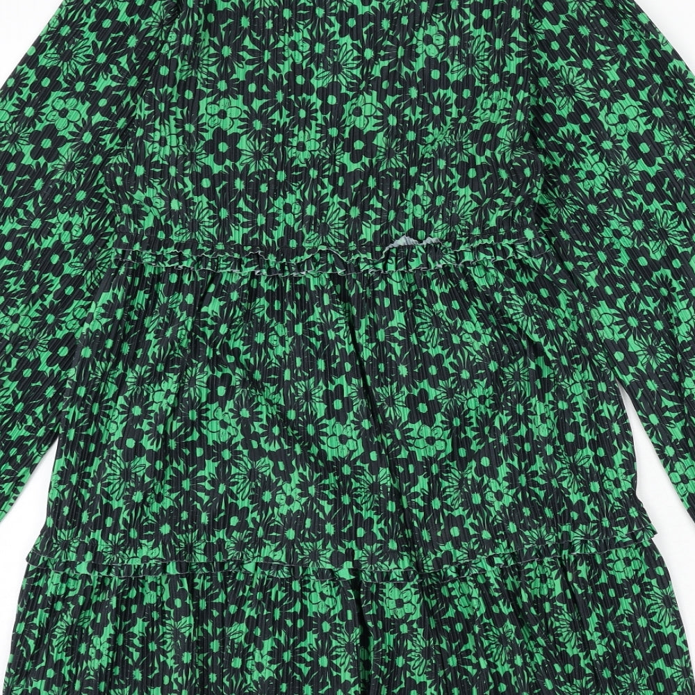 Zara Womens Green Floral Polyester A-Line Size M V-Neck Pullover