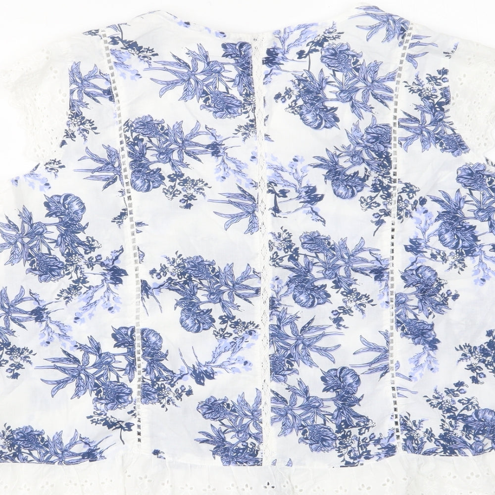 Roman Womens Blue Floral Cotton Basic Button-Up Size 12 Scoop Neck - Embroided